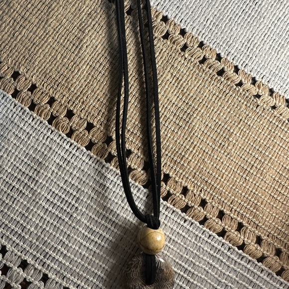 Coral Fossil Donut Pendant Necklace on Black Faux Leather Double Rope - Picture 12 of 14